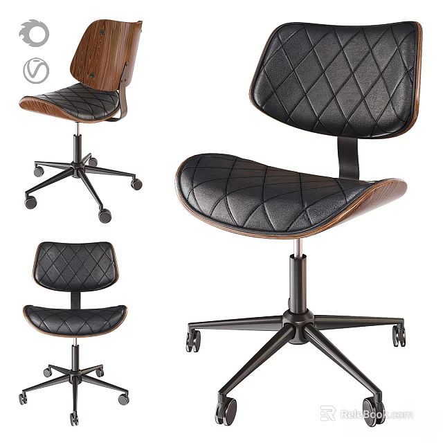 Stylish Desk Chair Combination with Diamond Quilted Leather Seat Wooden Backrest and Metal Casters 3d model 