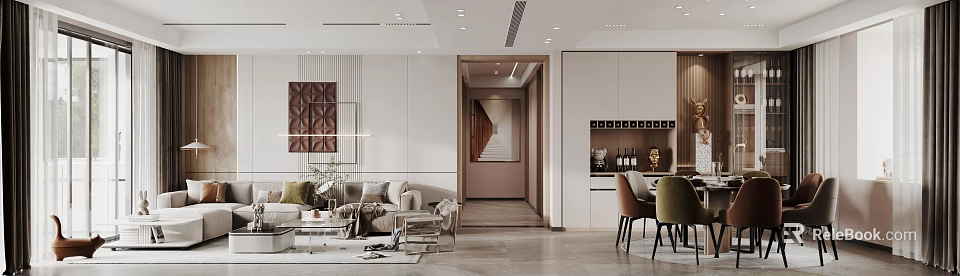 Modern Living Dining Room Interior With Sofa Dining Table And Decorative Wall Art 3d model