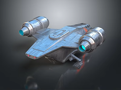 Sci Fi Spaceship With Metallic Exterior Twin Engines And Blue Thrusters 3d model