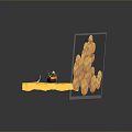 Old Man Fishing In Orange Boat With Blue Fish And Orange Smoke On Yellow Ground