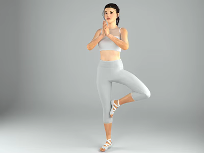 Woman Practicing Yoga In Single Leg Standing Pose With Gray Sportswear 3d model