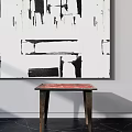 Modern Dining Table Set With Black Table Wooden Chairs Red Pendant Light And Abstract Painting