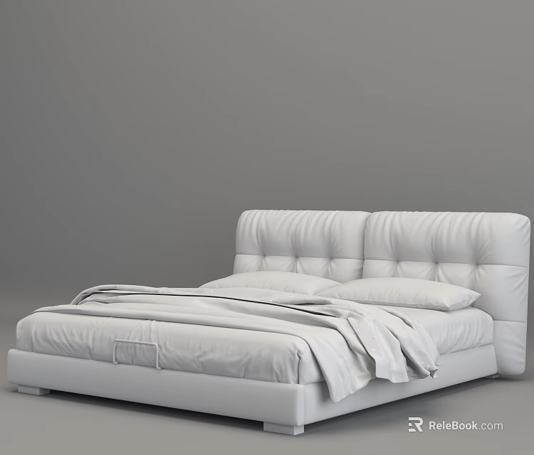 Modern White Double Bed With Padded Headboard And Cozy Bed Sheets 3d model 