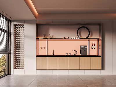 Modern Tea Cabinet Interior Design With Wooden Cabinets Glass Shelves And Warm Lighting 3d model