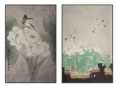 Botanical Paintings Featuring White Lotus Flowers Birds and Flower Pots 3d model