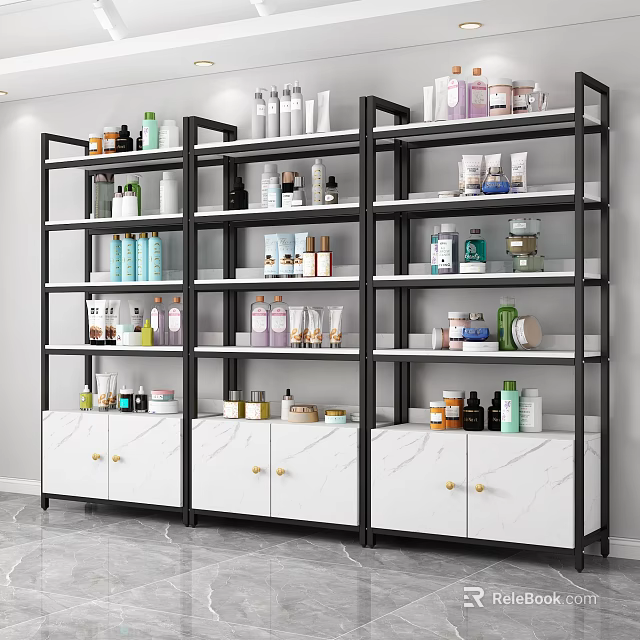 Modern Storage Shelf With Black Frame White Marble Cabinet Doors And Skincare Products On Layers 3d model 