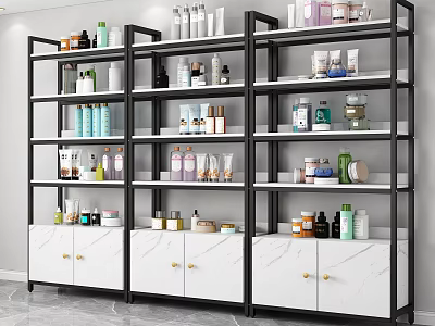Modern Storage Shelf With Black Frame White Marble Cabinet Doors And Skincare Products On Layers 3d model