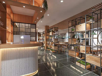 Modern Restaurant Interior With Wooden Shelves Green Plants And Dining Tables 3d model