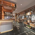 Modern Restaurant Interior With Wooden Shelves Green Plants And Dining Tables
