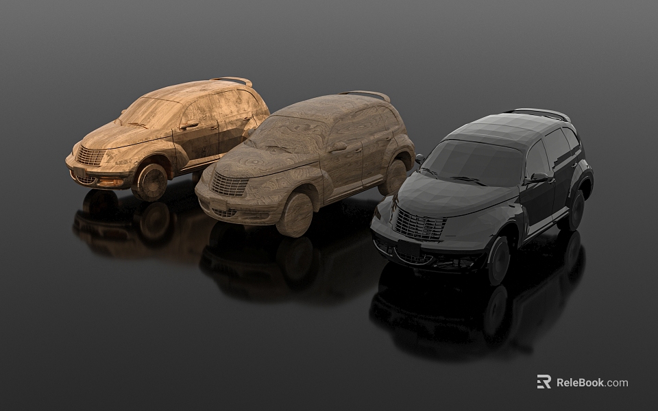 Three SUV Cars in Golden Beige and Black Displayed Side by Side with Reflections 3d model 