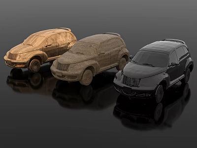 Three SUV Cars in Golden Beige and Black Displayed Side by Side with Reflections 3d model