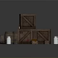 Household Supplies Display With Stacked Wooden Crates Barrels Metal Cans And Small Bottles