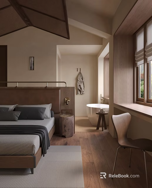Elegant Hotel Room Interior Design With Wooden Bed Frame Freestanding Bathtub And Accent Chair 3d model 