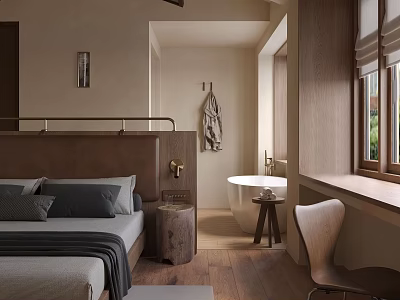 Elegant Hotel Room Interior Design With Wooden Bed Frame Freestanding Bathtub And Accent Chair 3d model