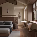 Elegant Hotel Room Interior Design With Wooden Bed Frame Freestanding Bathtub And Accent Chair