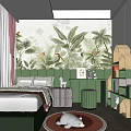 Kids Room Interior With Tropical Plant Mural Green Headboard And Pink Curtains