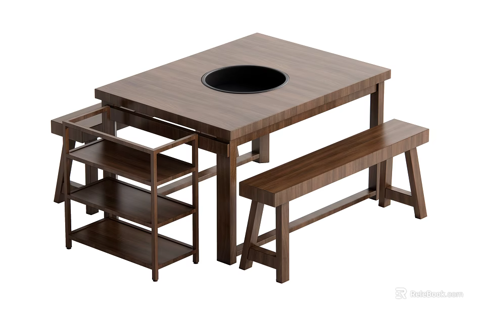 Wooden Square Dining Table With Central Hole Bench And Storage Shelf Unit 3d model
