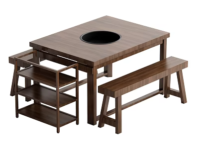 Wooden Square Dining Table With Central Hole Bench And Storage Shelf Unit 3d model