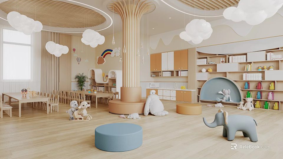 Cozy Kindergarten With Wooden Elements Cloud Decorations Rainbow Toys Bookshelves And Round Cushions 3d model 