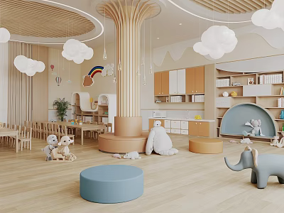 Cozy Kindergarten With Wooden Elements Cloud Decorations Rainbow Toys Bookshelves And Round Cushions 3d model