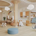 Cozy Kindergarten With Wooden Elements Cloud Decorations Rainbow Toys Bookshelves And Round Cushions