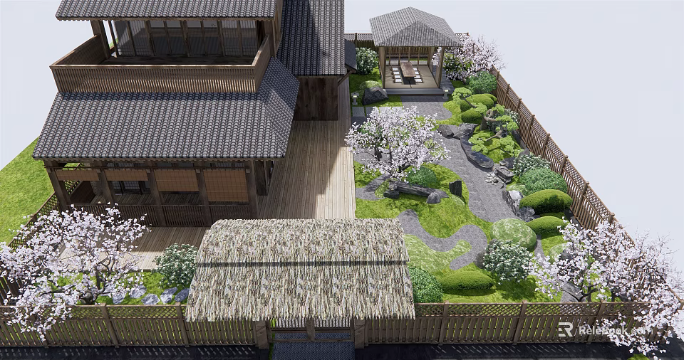 Serene Japanese Garden Showcasing Rockery Stones Cherry Blossoms And Wooden Structures 3d model 