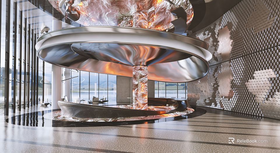 Luxury Front Desk Reception Area With Sculptural Metal Structure And Elegant Marble Column Design 3d model 