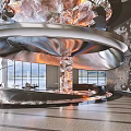 Luxury Front Desk Reception Area With Sculptural Metal Structure And Elegant Marble Column Design