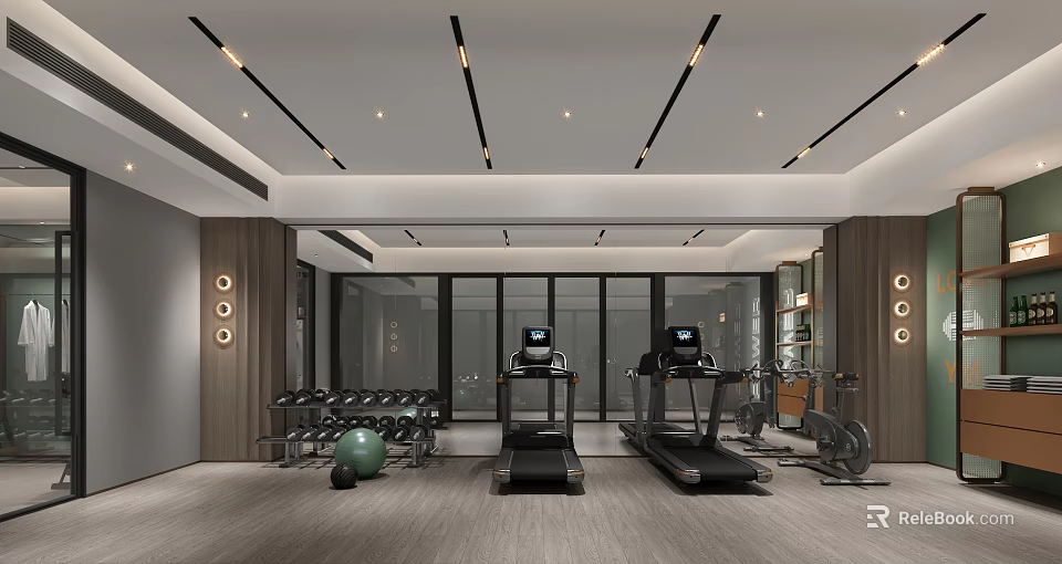 Modern Fitness Gym Interior With Treadmills Dumbbells Exercise Ball And Workout Equipment 3d model 