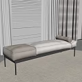 Modern Beige Bench With Metal Legs On Woven Rug By Window Blinds And Curtains