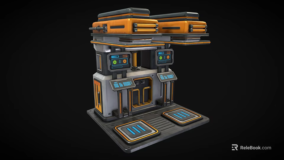 Futuristic Sci Fi Gate With Orange Gray Panels Control Screens And Tech Platforms 3d model 