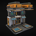Futuristic Sci Fi Gate With Orange Gray Panels Control Screens And Tech Platforms