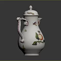 Elegant White Ceramic Jug With Lid And Colorful Apple Butterfly Leaf Decorations