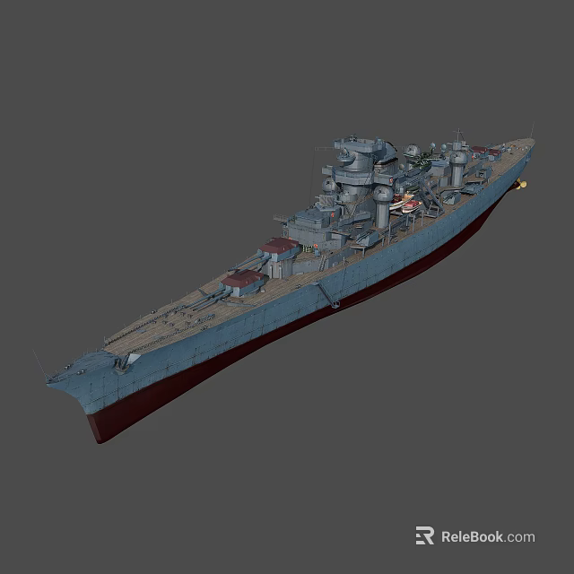 Detailed Battleship 3D Model With Multiple Turrets Blue Hull And Red Bottom Deck Facilities 3d model
