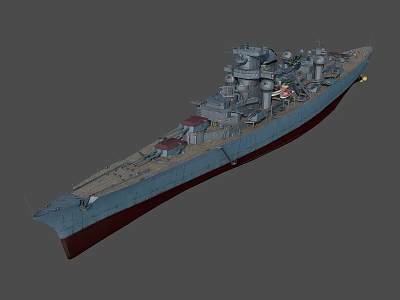 Detailed Battleship 3D Model With Multiple Turrets Blue Hull And Red Bottom Deck Facilities 3d model