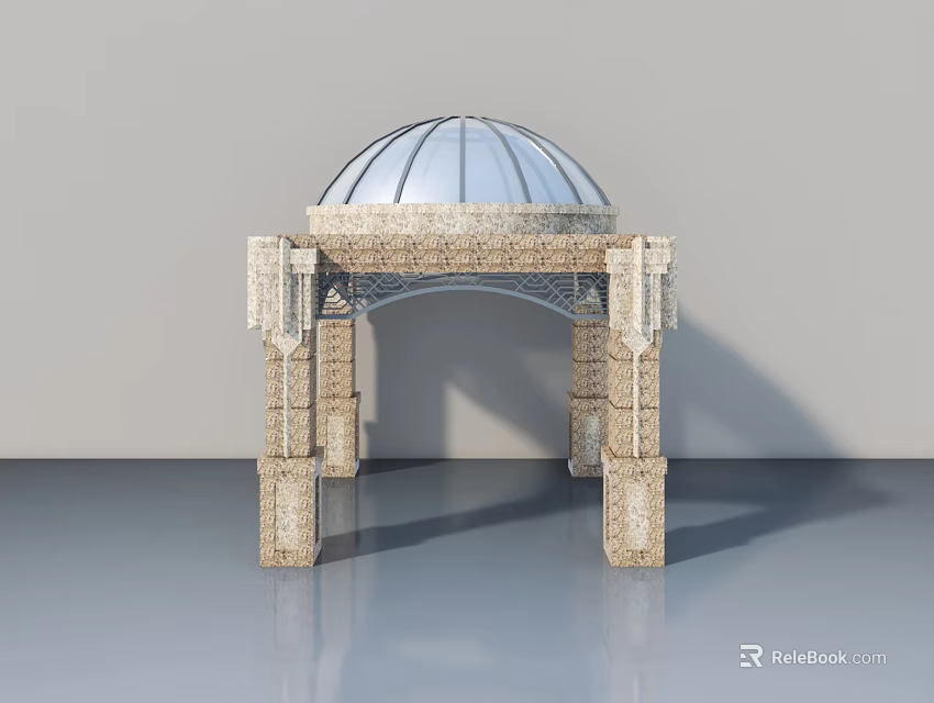 Swing Door In Stone Structure With Glass Dome And Arch Design Elements 3d model
