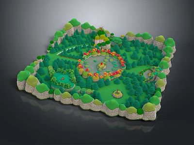 Cartoon Heart Shaped Scene With Green Trees Grass Stone Fence And Circular Colorful Center 3d model