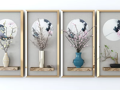 Elegant Wall Decor With Golden Frames Circular Moon Paintings And Vases On Shelves 3d model