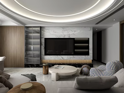 Modern Living Room Interior With Marble Wall TV Bookshelf Circular Ceiling Light And Striped Cushions 3d model