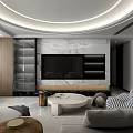 Modern Living Room Interior With Marble Wall TV Bookshelf Circular Ceiling Light And Striped Cushions