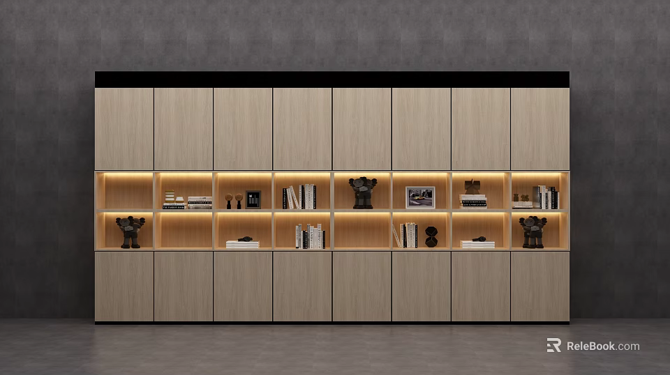 Modern Wooden Bookcase With Illuminated Shelves Books Sculptures And Photo Frames 3d model 