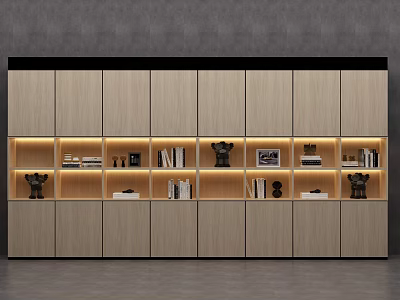 Modern Wooden Bookcase With Illuminated Shelves Books Sculptures And Photo Frames 3d model