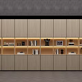 Modern Wooden Bookcase With Illuminated Shelves Books Sculptures And Photo Frames