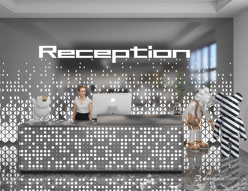 Elegant Store Reception Desk With Dot Pattern Counter Geometric Wall And Marble Floor 3d model 
