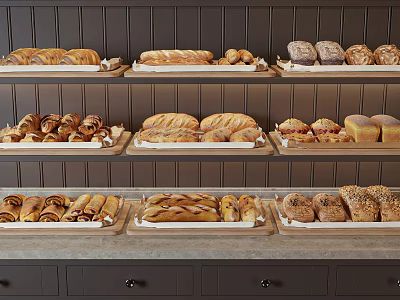 Delicious Fresh Assorted Bread on Bakery Display Shelves with Various Types 3d model