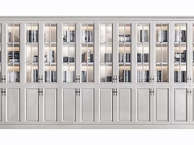 Modern White Bookcase Interior Design With Glass Doors And Books Storage 3d model