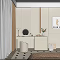 Elegant Decorative Cabinet with Mirror Table Lamp Flower Vase and VOGUE Poster in Modern Room