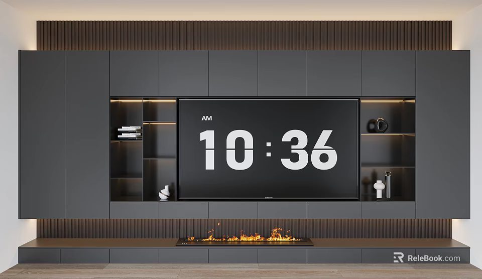Modern TV Wall Unit With Built In TV Integrated Lighting And Fireplace 3d model 
