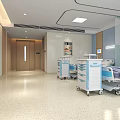 Modern Hospital Room Interior With Medical Beds Carts Blue Walls And City View