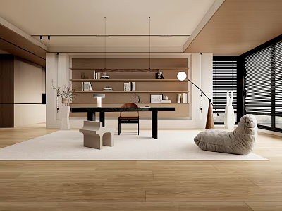 Modern Home Office Interior Design With Built in Bookshelves Wooden Desk Chair And Floor Lamp 3d model